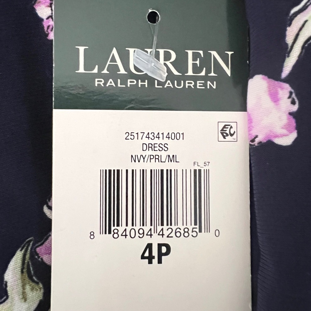 NWT-$125 Lauren Ralph Lauren Floral Sheath Dress 4P Navy Boat Neck 3/4 Sleeve - Picture 7 of 12